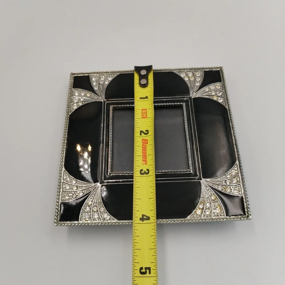 Vintage Art Deco Style Mini Picture Frame Black Enamel Rhinestone Square 2x2